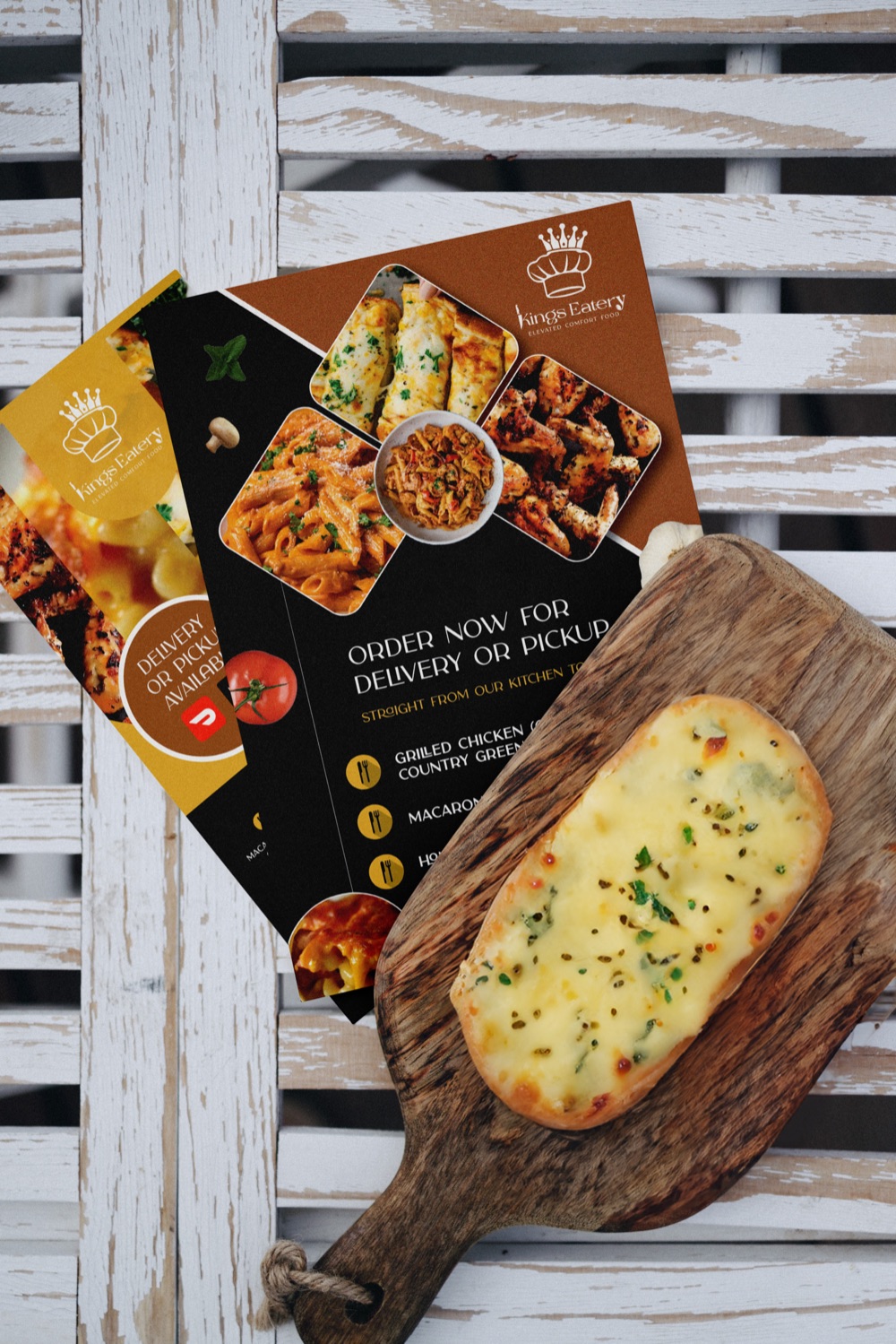 Kings Eatery logo and delivery flyers
